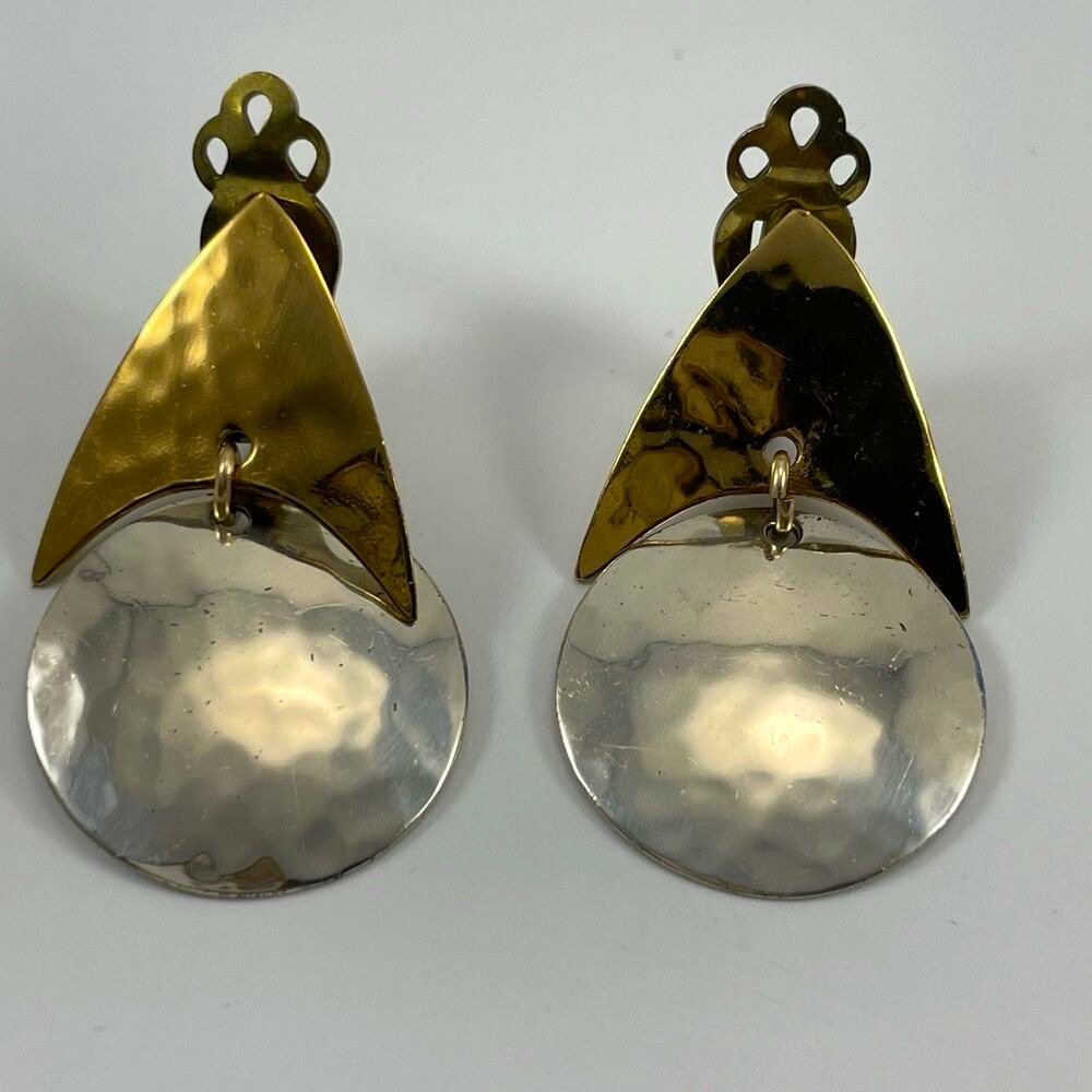 Vintage Sterling Silver Clip On Earrings Multi Metal Tone Art Deco Statement